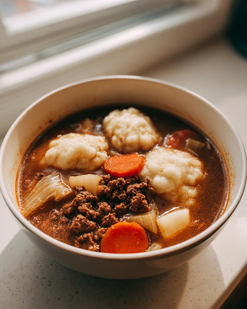 Close-up of a hearty bowl of ground beef and dumpling soup with carrots and onions.