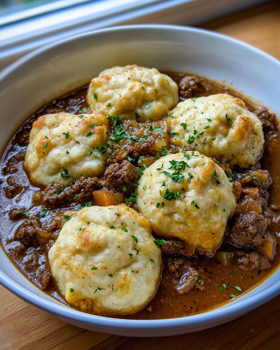 Close-up of a bowl of rich ground beef and dumplings, topped with fresh parsley.