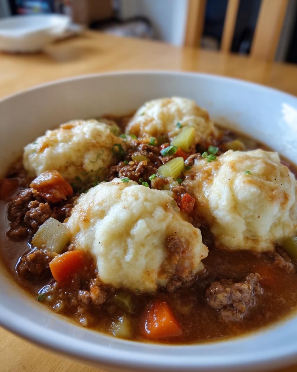 A close-up of a bowl filled with ground beef and dumplings crockpot stew, topped with fluffy dumplings.
