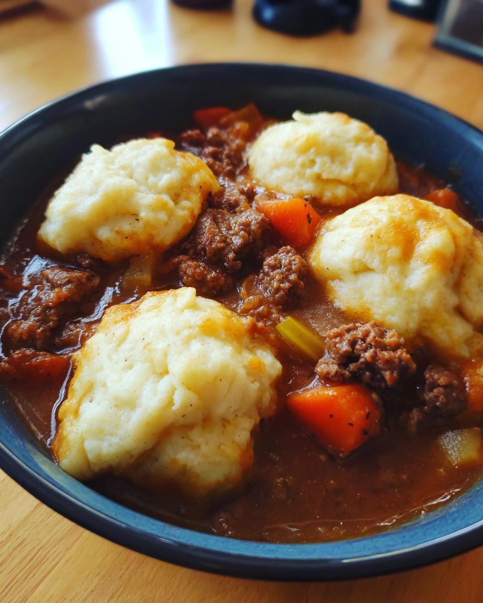 A close-up bowl of ground beef and dumplings crockpot stew featuring rich sauce, carrots, and fluffy dumplings.