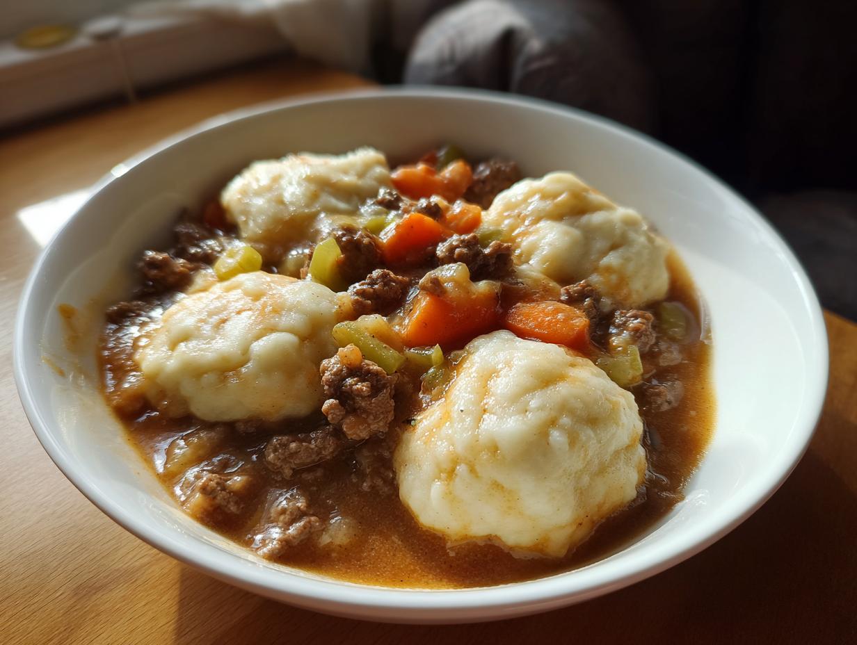 A close-up of a white bowl filled with savory ground beef and dumplings crockpot stew, featuring carrots and celery.