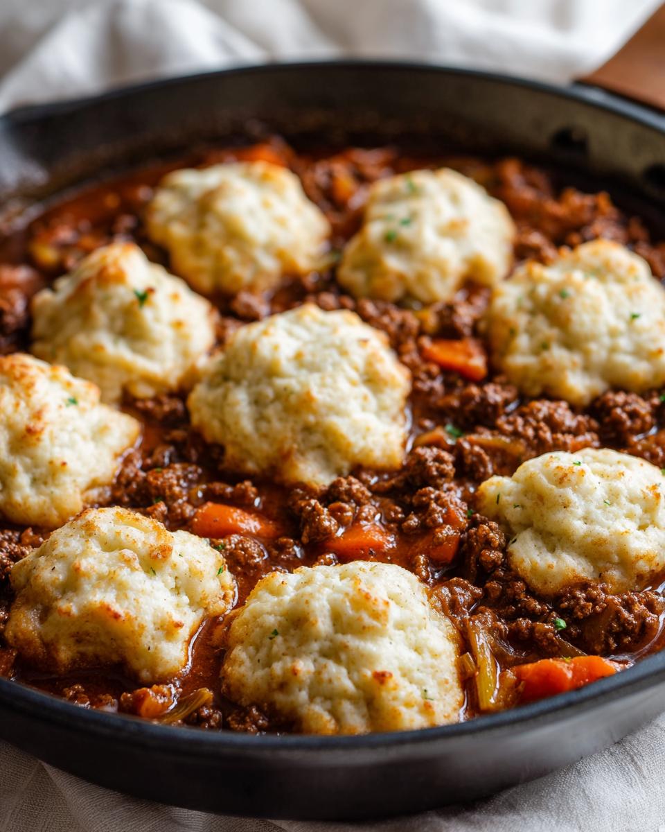 Close-up of fluffy dumplings resting on rich ground beef and vegetable stew in a black skillet, showcasing the ground beef and dumplings crockpot.