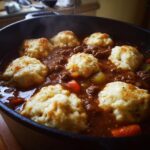 Close-up of steaming ground beef and dumplings crockpot stew simmering in a black cast iron pot with visible carrots and celery.