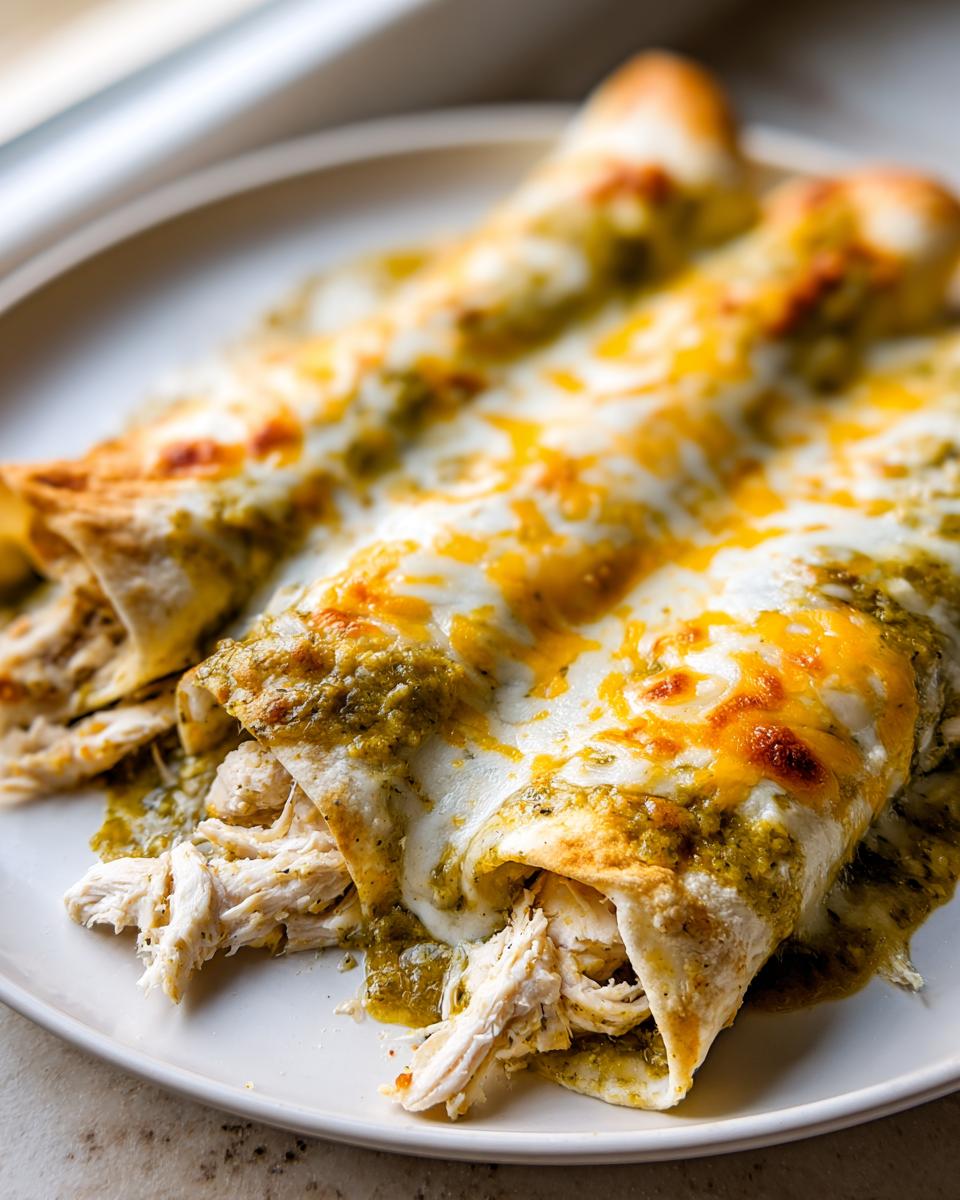 Close-up of hatch green chile chicken enchiladas smothered in melted white and cheddar cheese.