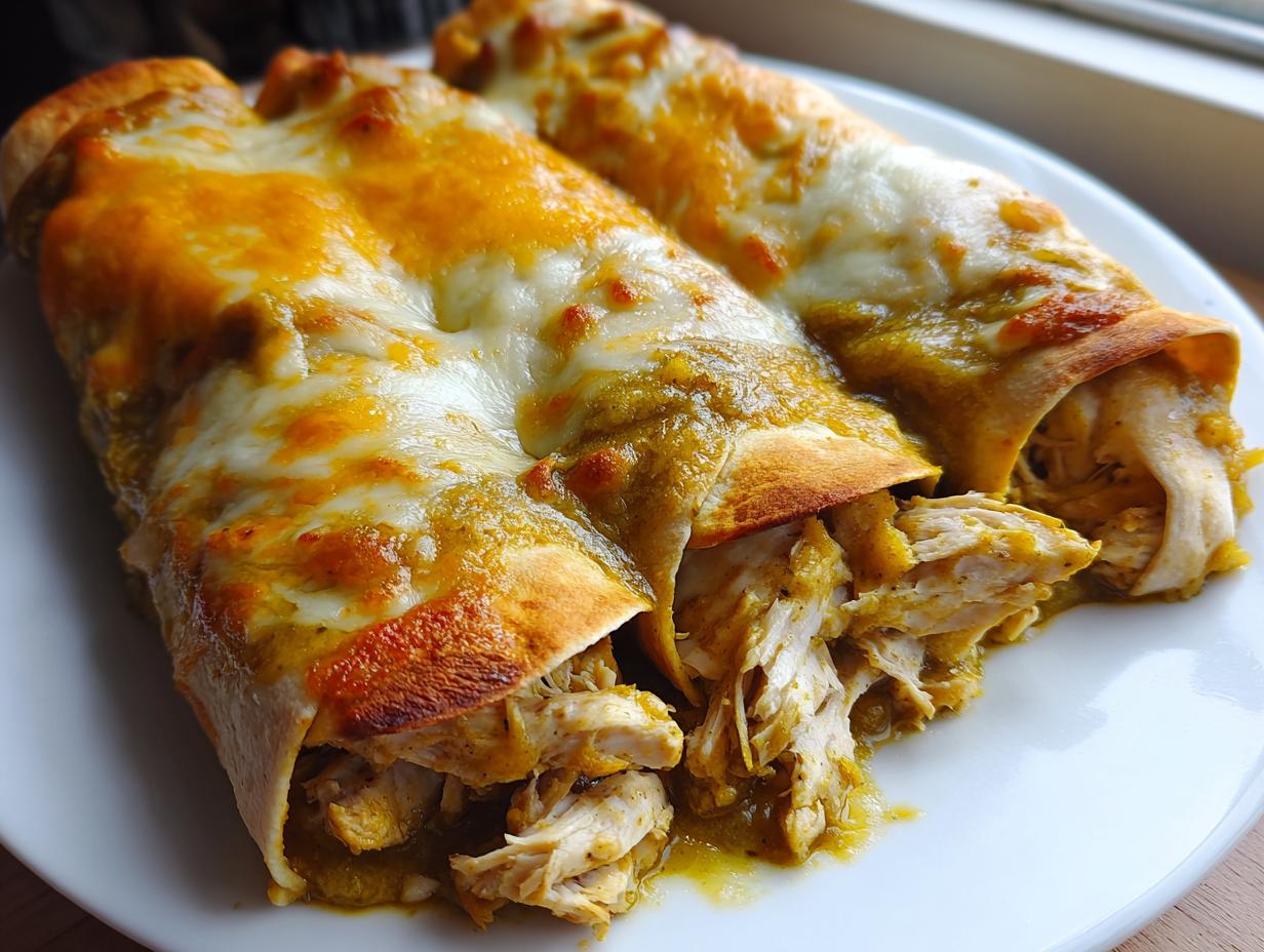 Close-up of two hatch green chile chicken enchiladas covered in melted yellow and white cheese.