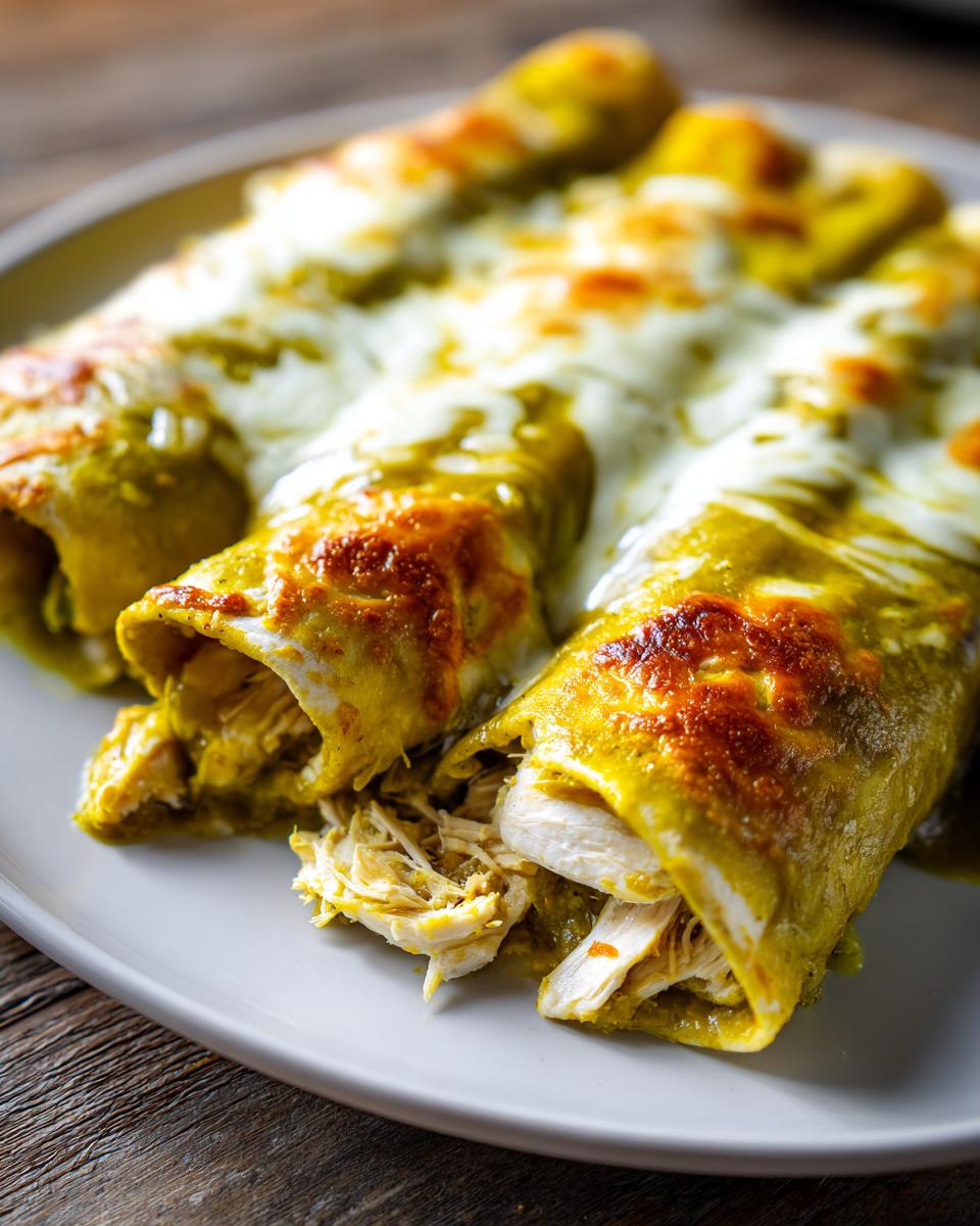 Three hatch green chile chicken enchiladas covered in melted, slightly browned cheese on a white plate.
