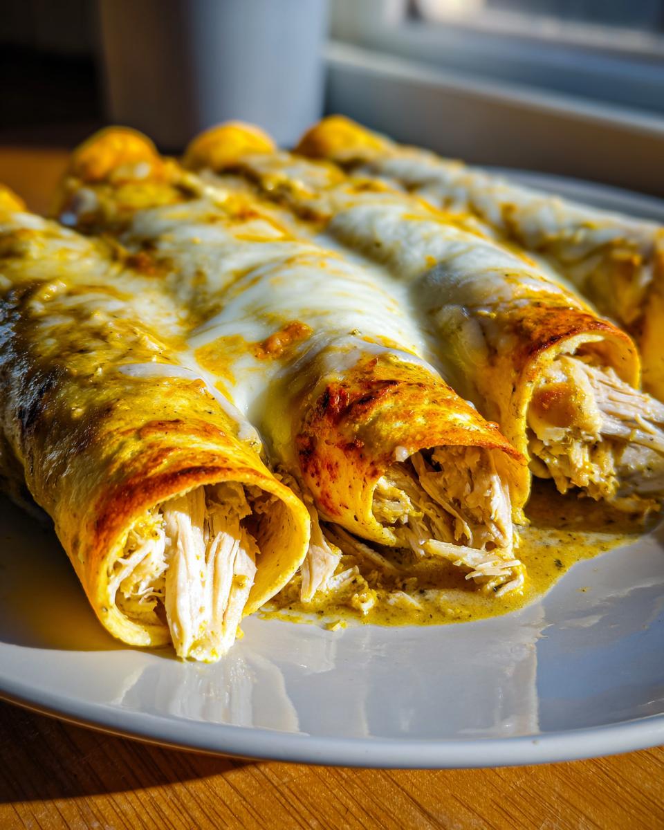 Close-up of rolled hatch green chile chicken enchiladas topped with melted cheese and sauce.