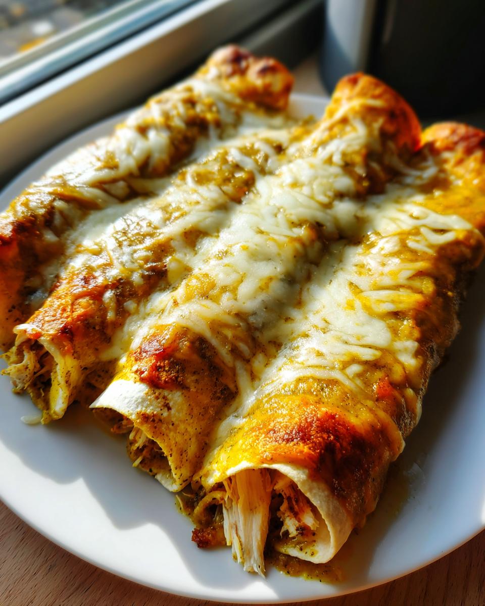 Three rolled hatch green chile chicken enchiladas smothered in green sauce and melted white cheese.