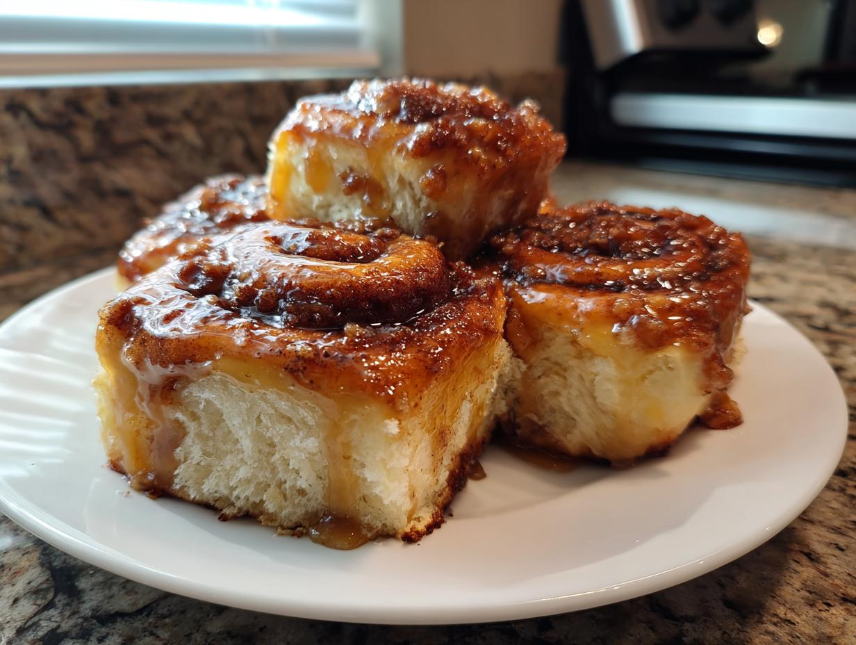 Four soft, gooey Hawaiian cinnamon rolls stacked slightly on a white plate, dripping with caramel glaze.