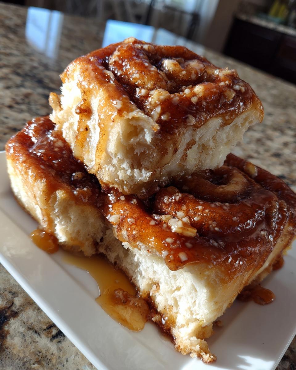 Two stacked, soft Hawaiian cinnamon rolls dripping with sticky caramel glaze and chopped nuts.