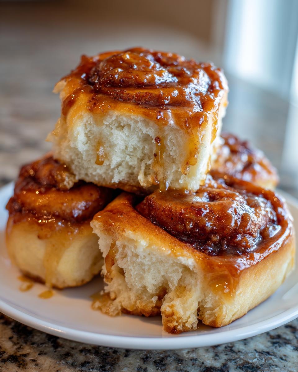A stack of soft Hawaiian cinnamon rolls dripping with sticky caramel glaze, one roll is broken open.