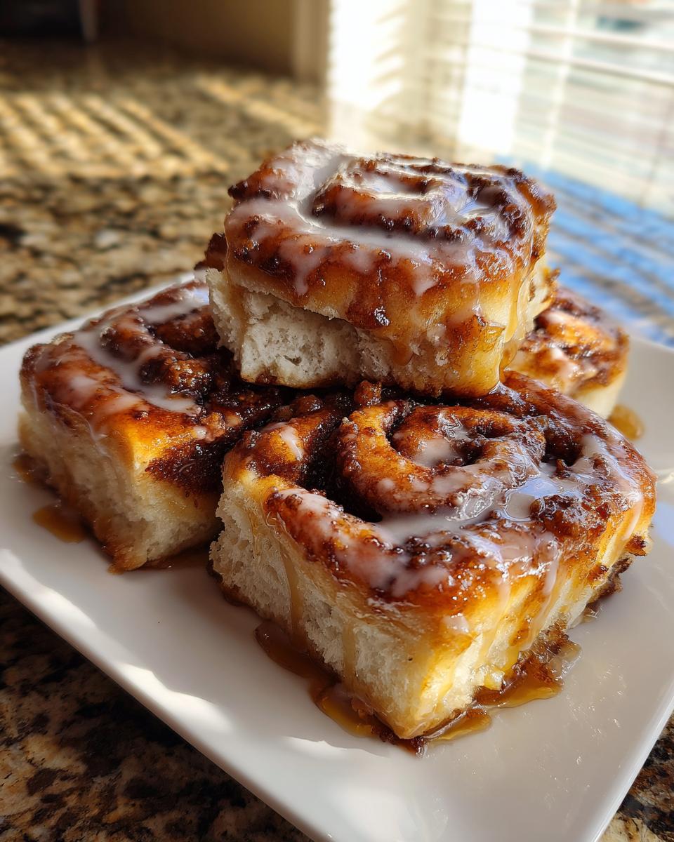 Close-up of soft, gooey Hawaiian cinnamon rolls stacked on a white plate, drizzled with white icing.