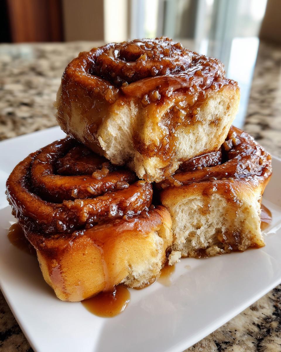 Three sticky, gooey Hawaiian cinnamon rolls stacked on a white plate, dripping with caramel glaze.
