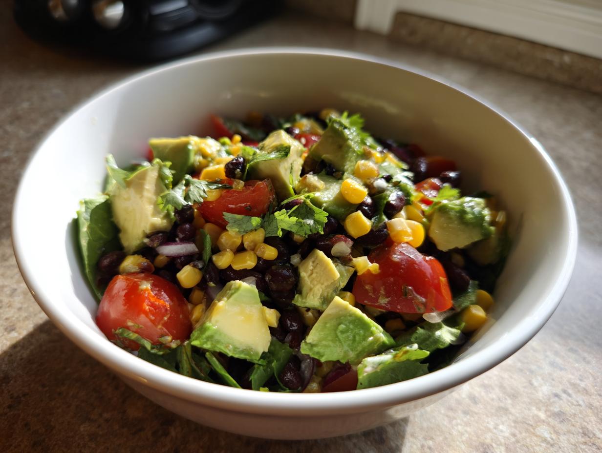 Close-up of a white bowl filled with a vibrant healthy southwest salad featuring avocado, black beans, corn, and tomatoes.