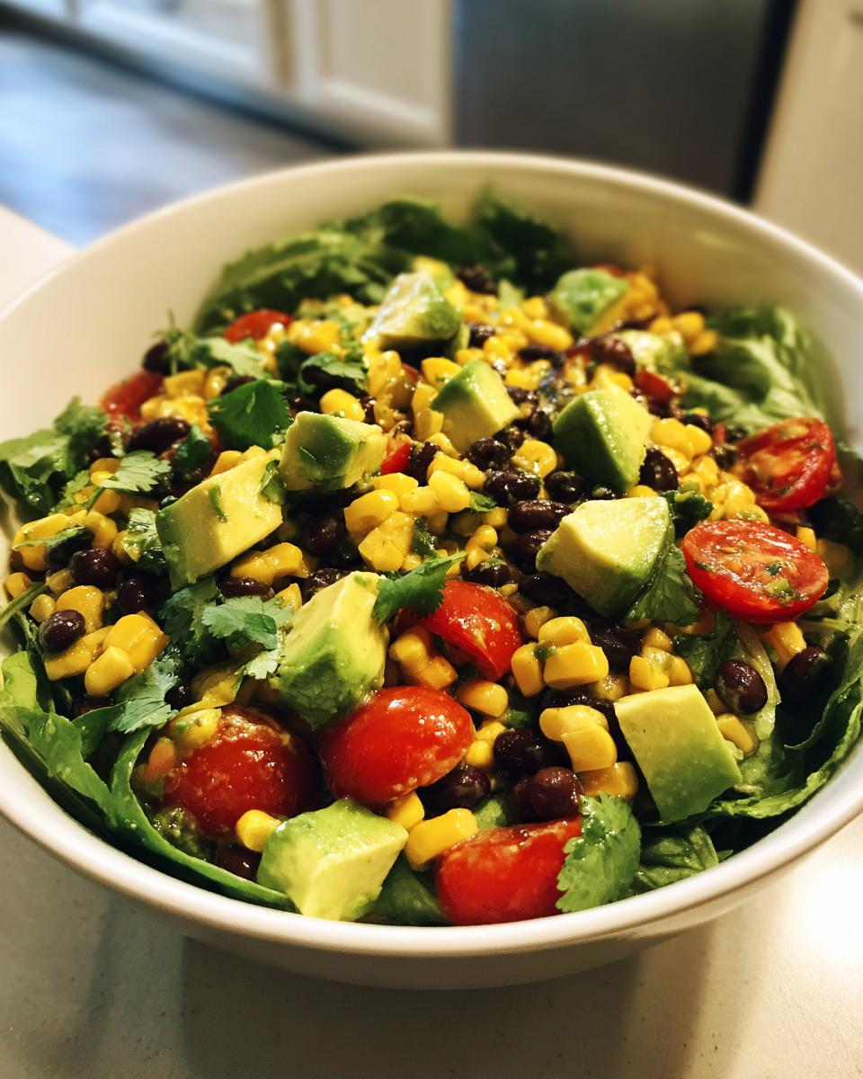Close-up of a vibrant healthy southwest salad featuring avocado chunks, black beans, corn, and cherry tomatoes.