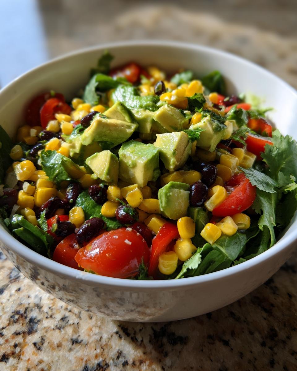 A vibrant bowl of healthy southwest salad topped generously with diced avocado, corn, black beans, and tomatoes.
