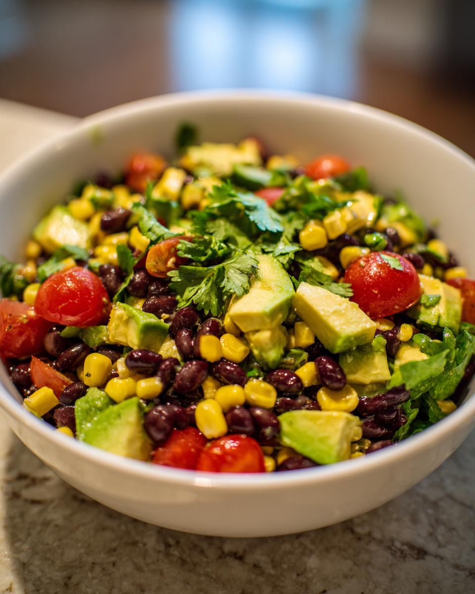 Close-up of a white bowl filled with healthy southwest salad featuring black beans, corn, avocado, and tomatoes.