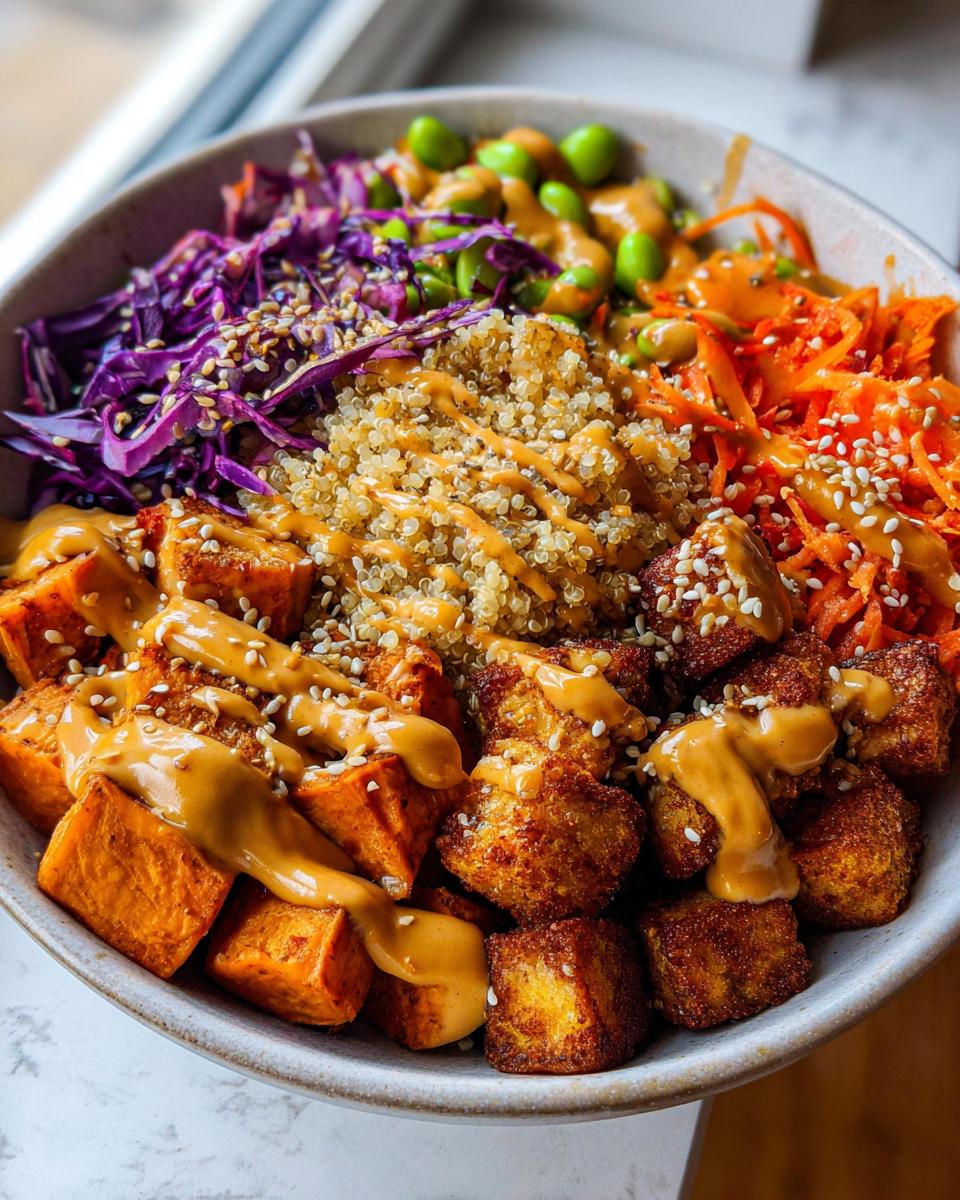 Close-up of a colorful buddha bowl featuring crispy tofu, quinoa, shredded carrots, red cabbage, and edamame, drizzled with peanut sauce.