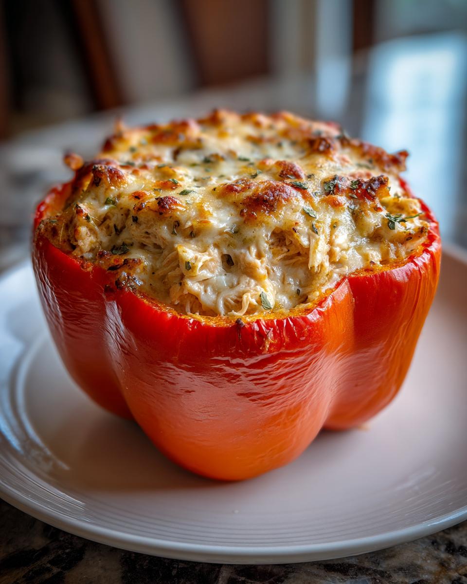 A close-up of a baked orange buffalo chicken stuffed peppers, topped with melted, browned cheese and herbs.