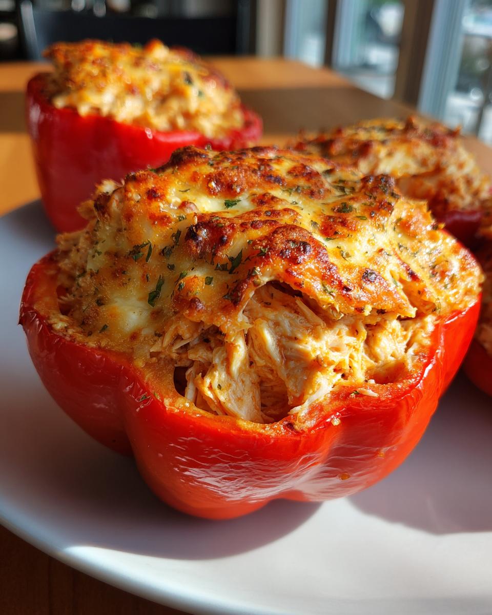 A close-up of a baked red bell pepper filled with shredded buffalo chicken and topped with melted, browned cheese.