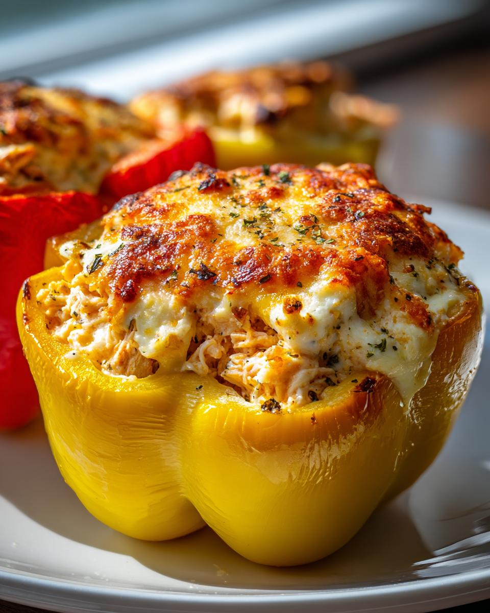 Close-up of a baked yellow bell pepper filled with shredded buffalo chicken and topped with melted, browned cheese.