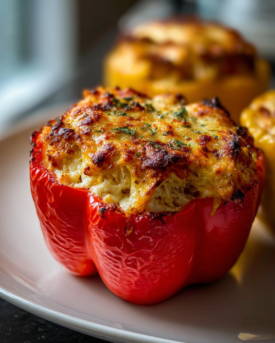 Close-up of a vibrant red bell pepper stuffed with cheesy buffalo chicken mixture, baked until golden brown.
