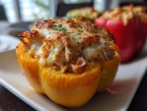 Close-up of a baked yellow buffalo chicken stuffed pepper topped with melted, browned cheese and parsley.
