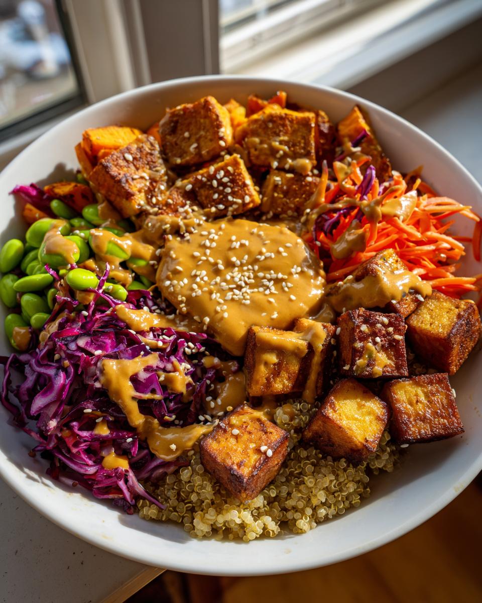 A vibrant buddha bowl featuring crispy tofu, quinoa, edamame, shredded cabbage, and a generous drizzle of peanut sauce.