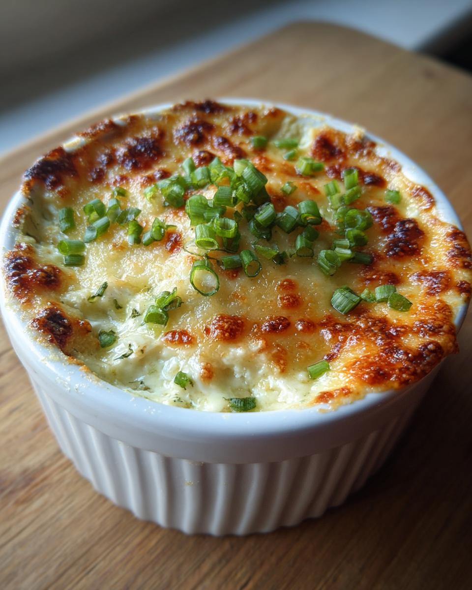 Close-up of a hot baked crab dip in a white ramekin, topped with melted, browned cheese and fresh green chives.