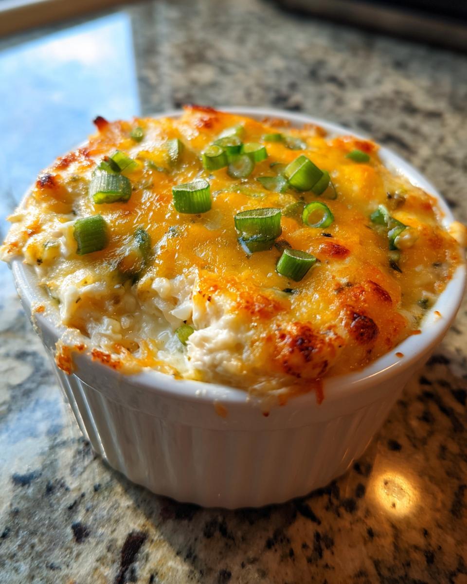 Close-up of hot baked crab dip topped with melted cheddar cheese and green onions in a white ramekin.