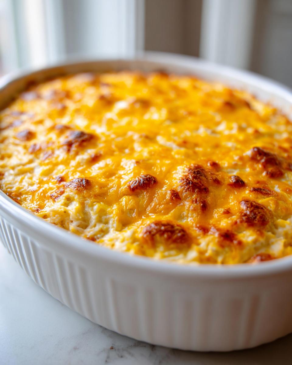 Close-up of a hot, baked crab dip recipe topped with bubbly, golden-brown melted cheddar cheese in a white oval dish.