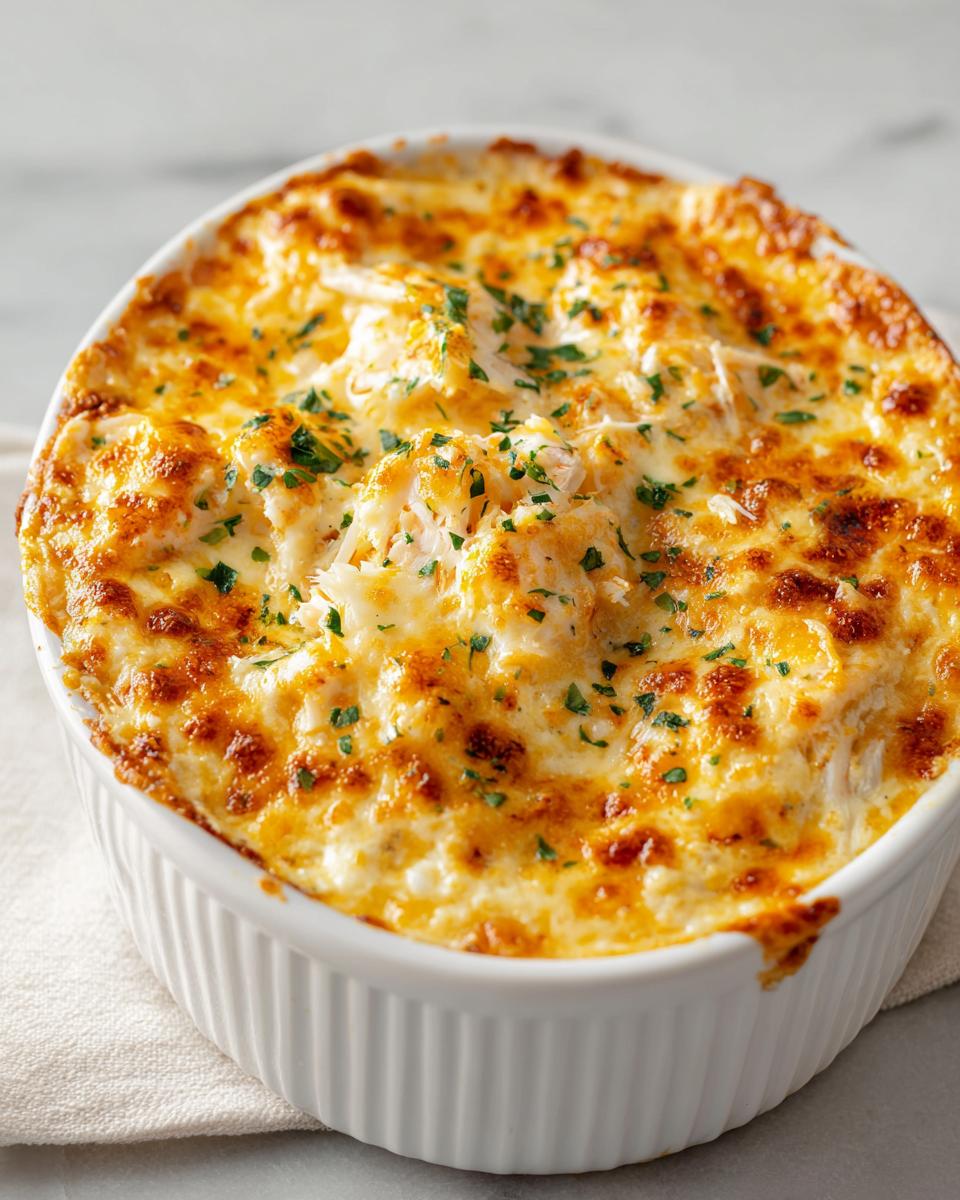 Close-up of hot, baked joes crab shack crab dip recipe with a golden-brown, cheesy crust and parsley garnish.