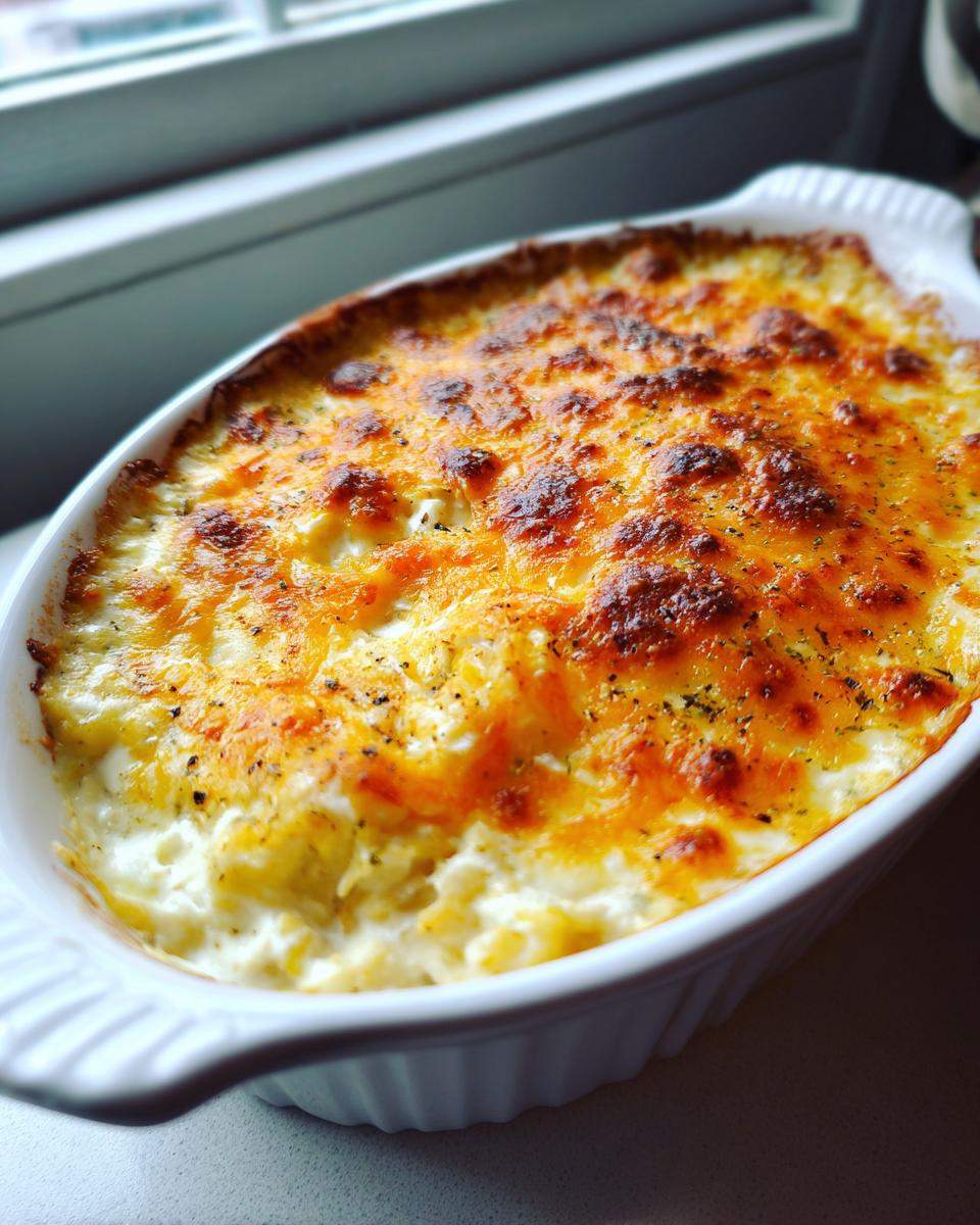 Close-up of hot, bubbly Maryland Crab Dip baked with a golden-brown cheesy crust in a white oval dish.