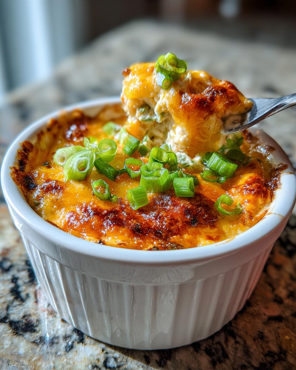 A fork lifts a cheesy, baked portion of hot crab dip topped with fresh green onions from a white ramekin.