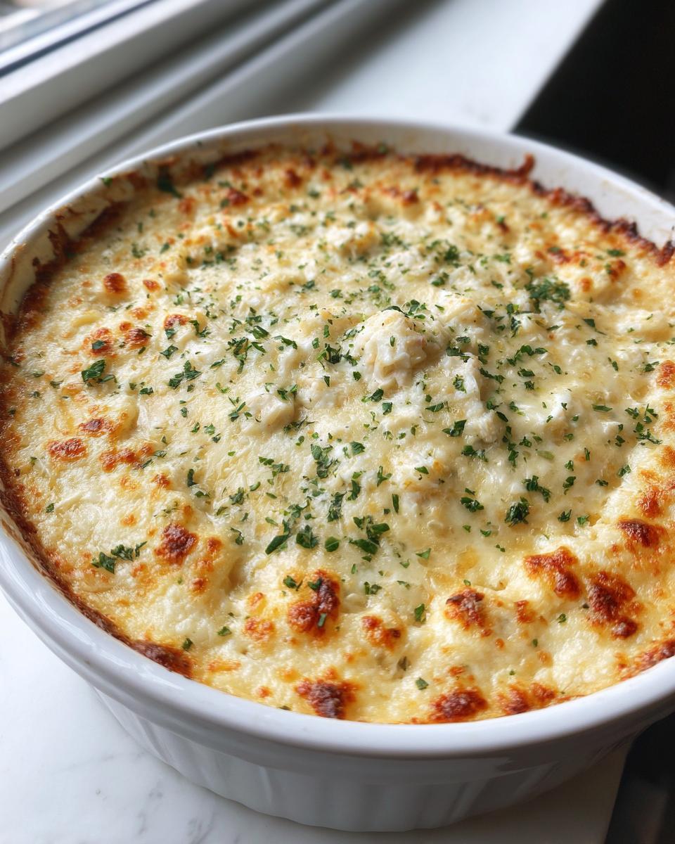 A close-up of bubbly, cheesy hot crab dip baked to golden perfection and topped with fresh parsley.