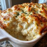 Close-up of a scoop taken out of a cheesy, baked hot crab dip, showing stringy cheese and flaky crab meat.