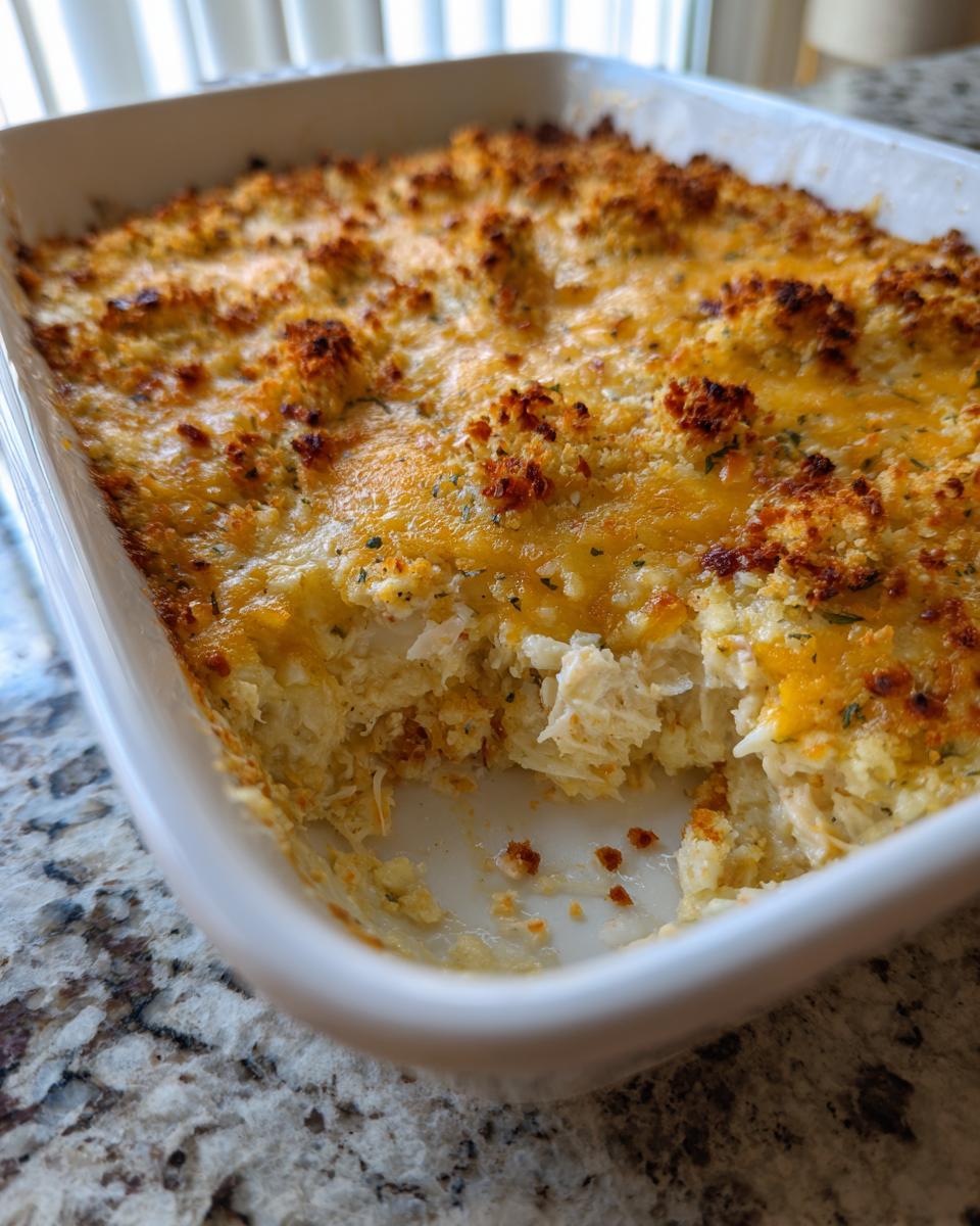 A freshly baked hot crab dip recipe in a white dish with a golden, cheesy, and crispy topping.