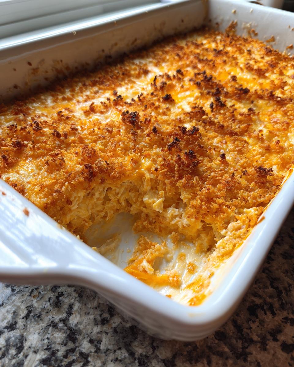 A white baking dish filled with bubbling, cheesy hot crab dip recipe topped with a golden, crispy breadcrumb crust.