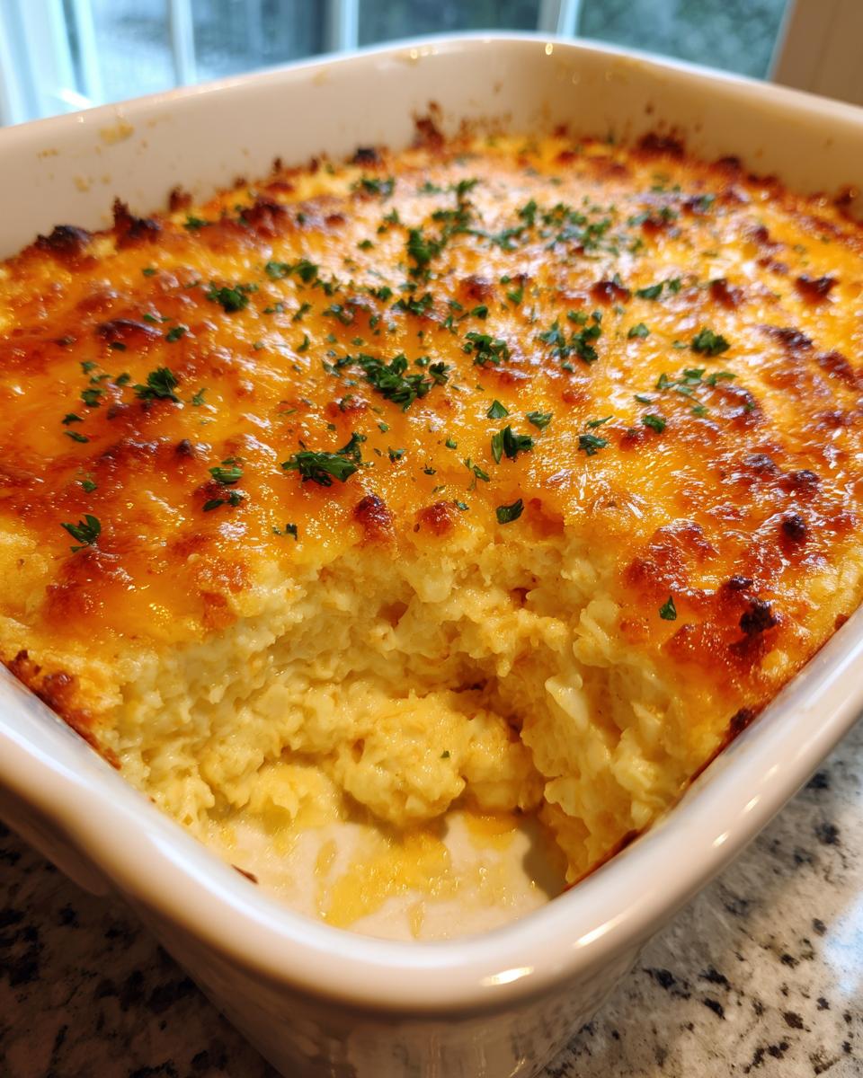 Close-up of a baked hot crab dip recipe in a white casserole dish with a bubbly, golden-brown cheese crust.