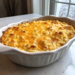 A freshly baked, hot crab dip recipe topped with bubbly, melted cheddar cheese in a white oval baking dish.