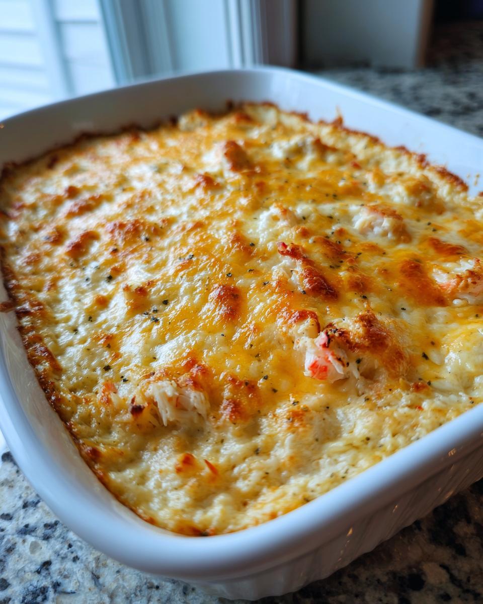 A close-up of a freshly baked hot crab dip recipe topped with melted, golden-brown cheese.