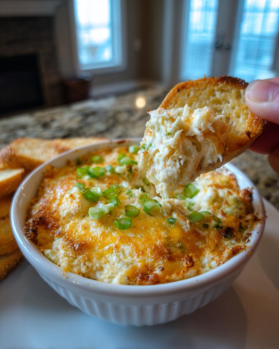 A hand scoops rich, cheesy crab dip from a white ramekin using a piece of toasted bread.