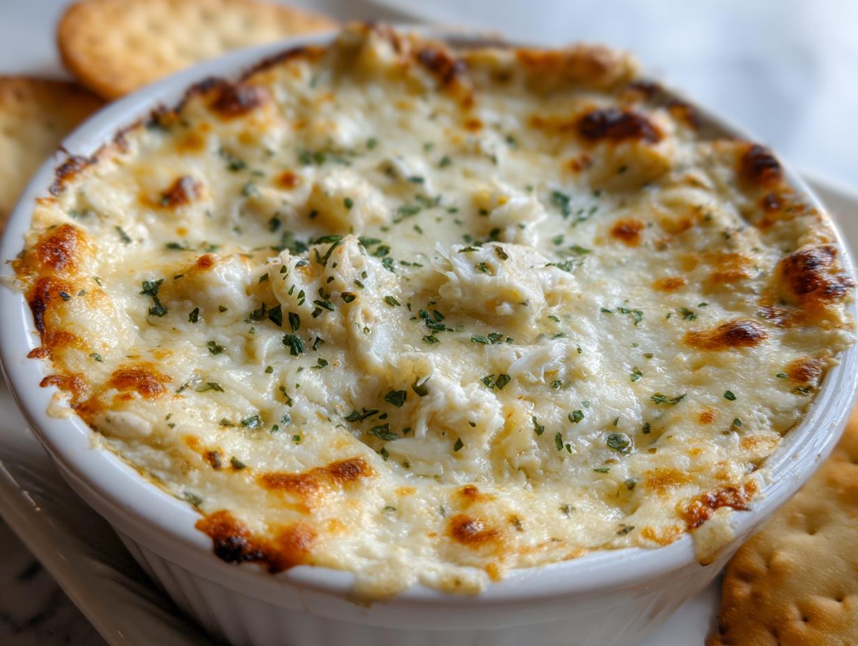 Close-up of hot, baked joes crab shack crab dip recipe topped with melted cheese and parsley, served with crackers.