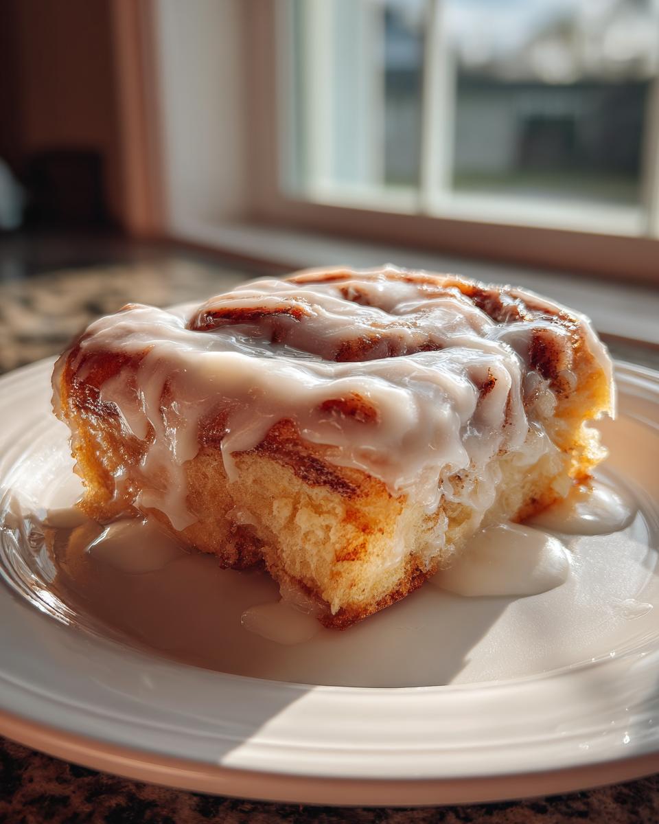 A close-up, sunlit photo of a single, fluffy tiktok cinnamon rolls slice covered in thick white icing on a white plate.