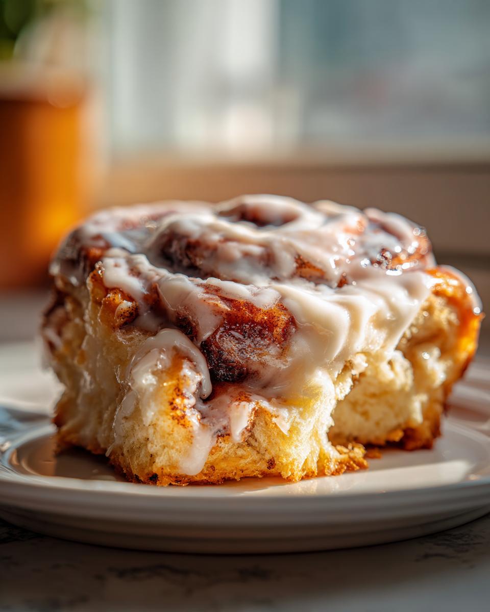 A close-up, sunlit photo of a fluffy, iced tiktok cinnamon rolls slice on a white plate.