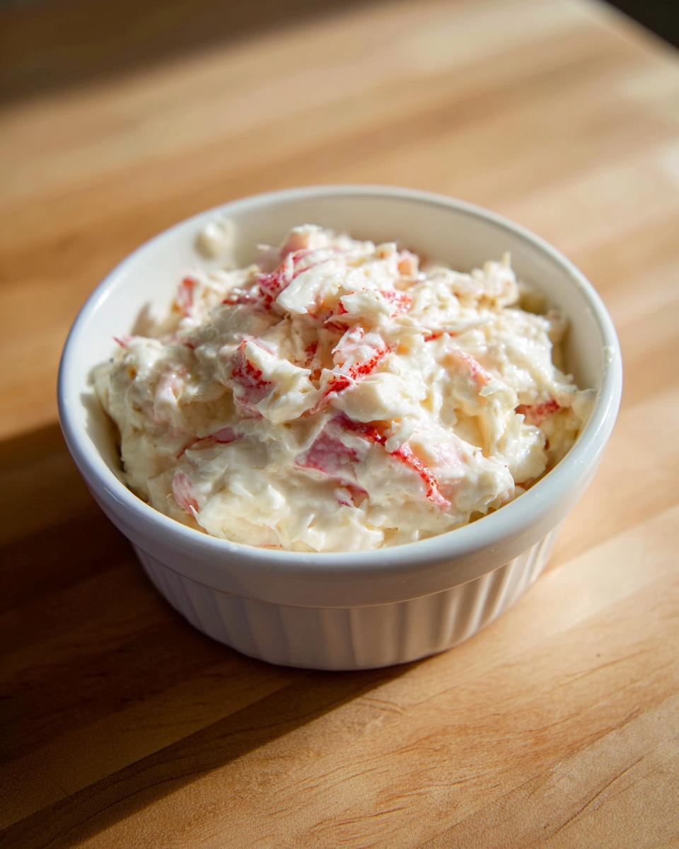 A white ramekin filled with creamy imation crab dip, featuring visible flakes of red and white seafood substitute.
