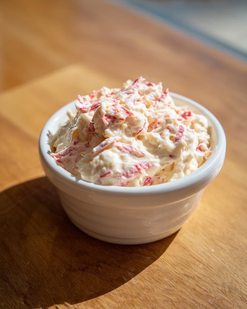 A small white bowl filled with creamy imation crab dip recipe, showing flecks of red imitation crab meat.