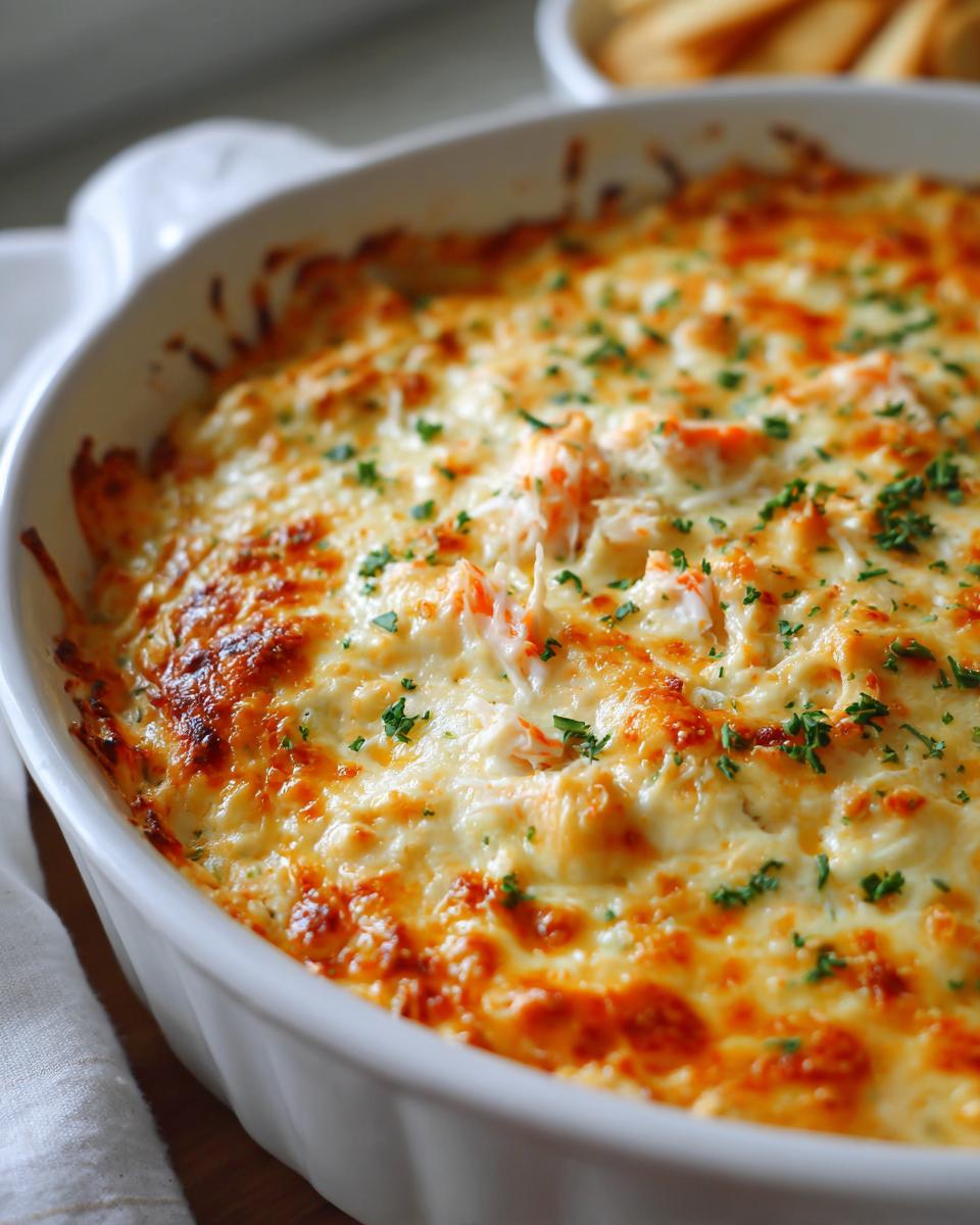 Close-up of hot, baked joes crab shack crab dip recipe topped with melted, browned cheese and parsley.