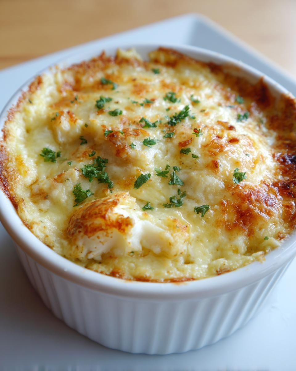 Close-up of hot, cheesy joes crab shack crab dip baked until golden brown and topped with parsley.