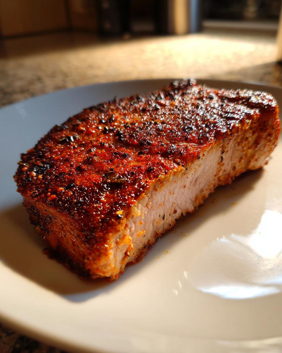 Cross-section of a perfectly cooked baked pork chop showing a juicy interior and a heavily spiced, dark red crust.
